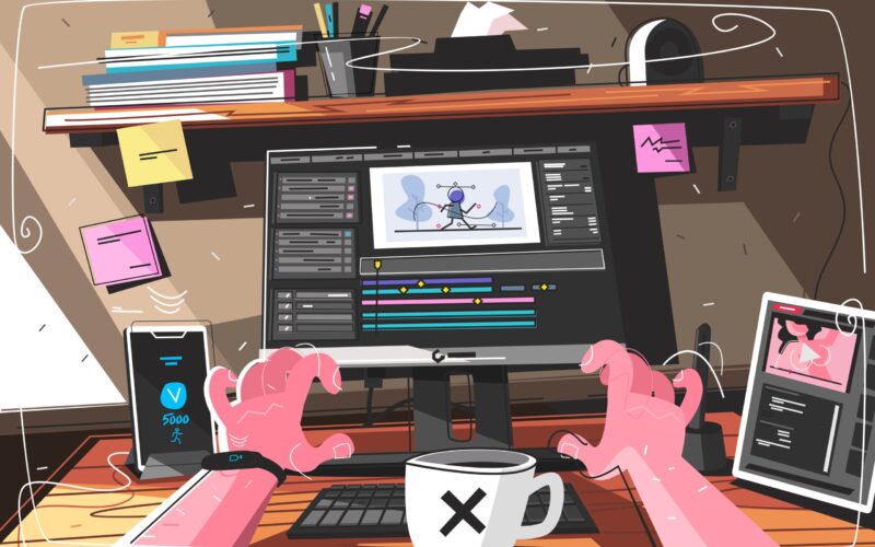 Animator designer in creative process vector illustration. Man sitting at workplace and working at new art project. Modeling artist job, motion graphic creator profession flat style concept